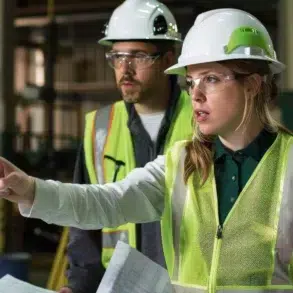 Two construction workers in hard hats and vests. The woman points decisively while holding papers, conveying focus and teamwork in a construction setting.