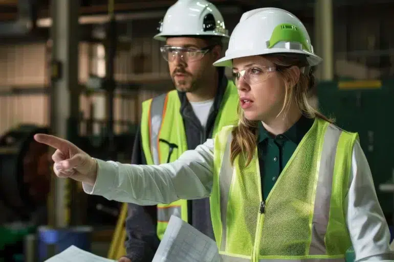 Two construction workers in hard hats and vests. The woman points decisively while holding papers, conveying focus and teamwork in a construction setting.