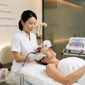 Aesthetician in a white uniform uses a device for facial treatment on a relaxed woman lying on a spa bed. The room is calm, with soft lighting and orchids.