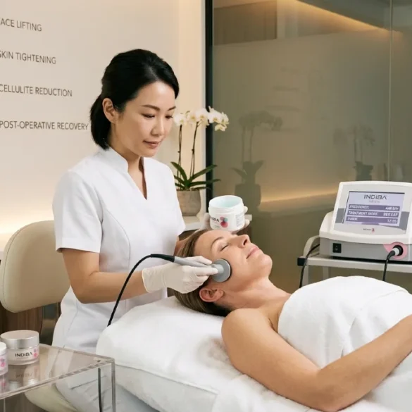 Aesthetician in a white uniform uses a device for facial treatment on a relaxed woman lying on a spa bed. The room is calm, with soft lighting and orchids.