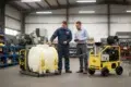 Two men in a workshop examine industrial equipment, including a large white tank and a yellow machine. One holds a tablet, discussing details.