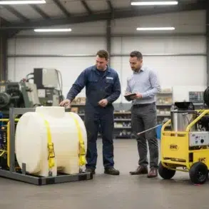 Two men in a workshop examine industrial equipment, including a large white tank and a yellow machine. One holds a tablet, discussing details.