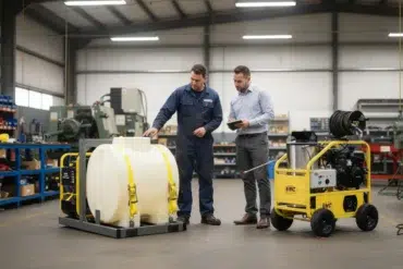 Two men in a workshop examine industrial equipment, including a large white tank and a yellow machine. One holds a tablet, discussing details.