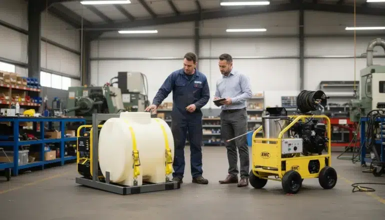 Two men in a workshop examine industrial equipment, including a large white tank and a yellow machine. One holds a tablet, discussing details.