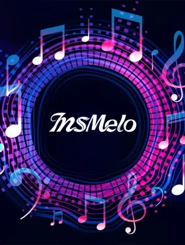Colorful music notes encircle the text "InsMelo" on a dark purple background. The vibrant design conveys a lively and dynamic musical theme.