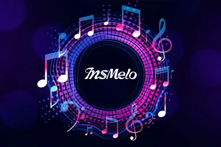 Colorful music notes encircle the text "InsMelo" on a dark purple background. The vibrant design conveys a lively and dynamic musical theme.