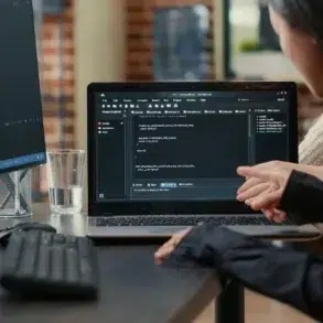 Two people analyze code on a laptop screen, discussing a programming project. A desktop monitor and keyboard are visible, creating a collaborative tech scene.