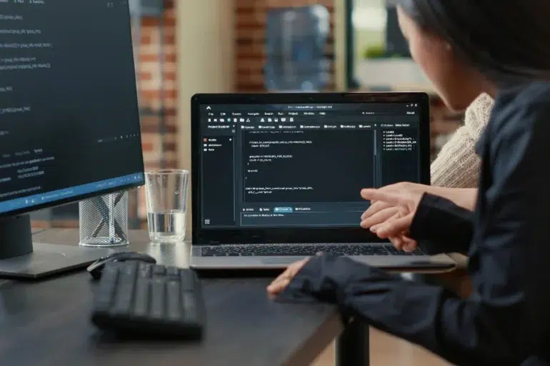 Two people analyze code on a laptop screen, discussing a programming project. A desktop monitor and keyboard are visible, creating a collaborative tech scene.