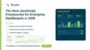Sencha advertisement showcasing JavaScript frameworks for 2026 enterprise dashboards. Lists features like handling datasets, component libraries, and support. Includes a sample dashboard with analytics, graph trend, and a 'Get it now' button.