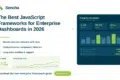 Sencha advertisement showcasing JavaScript frameworks for 2026 enterprise dashboards. Lists features like handling datasets, component libraries, and support. Includes a sample dashboard with analytics, graph trend, and a 'Get it now' button.