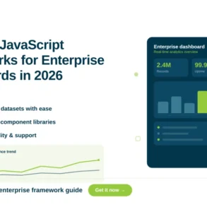 Sencha advertisement showcasing JavaScript frameworks for 2026 enterprise dashboards. Lists features like handling datasets, component libraries, and support. Includes a sample dashboard with analytics, graph trend, and a 'Get it now' button.