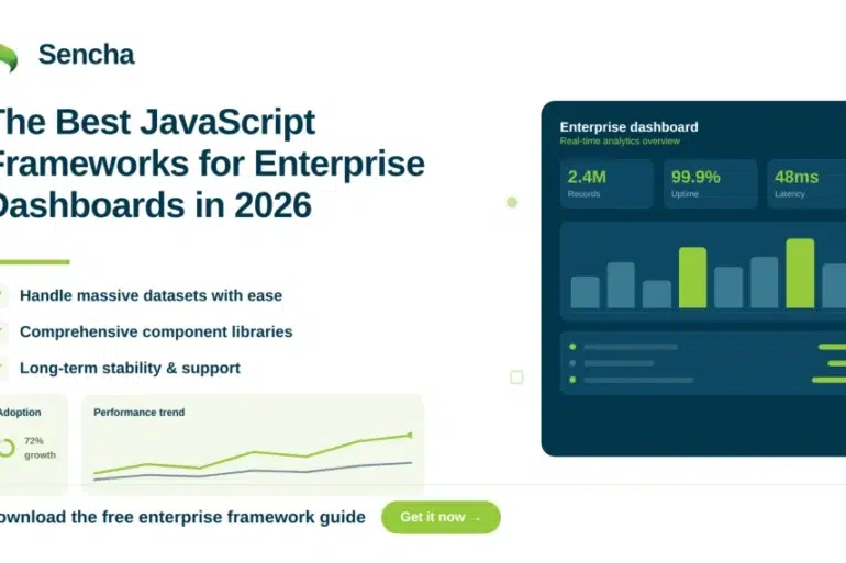 Sencha advertisement showcasing JavaScript frameworks for 2026 enterprise dashboards. Lists features like handling datasets, component libraries, and support. Includes a sample dashboard with analytics, graph trend, and a 'Get it now' button.