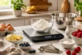 A kitchen scene with flour in a glass bowl on a digital scale reading 250g. Nearby are eggs, butter, blueberries, raspberries, and measuring spoons, conveying a baking theme.