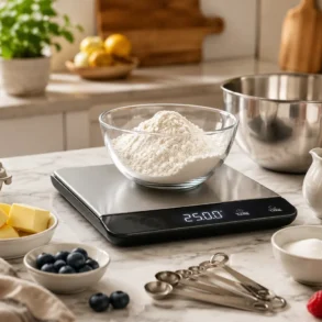 A kitchen scene with flour in a glass bowl on a digital scale reading 250g. Nearby are eggs, butter, blueberries, raspberries, and measuring spoons, conveying a baking theme.
