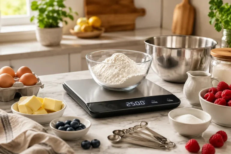 A kitchen scene with flour in a glass bowl on a digital scale reading 250g. Nearby are eggs, butter, blueberries, raspberries, and measuring spoons, conveying a baking theme.