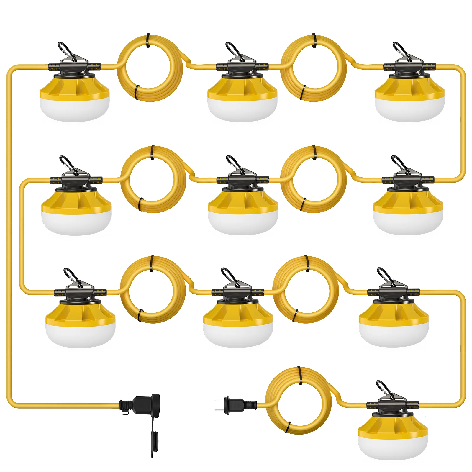 A string of 12 yellow and white industrial-style string lights connected by a yellow cord, with a plug and socket visible at the bottom.