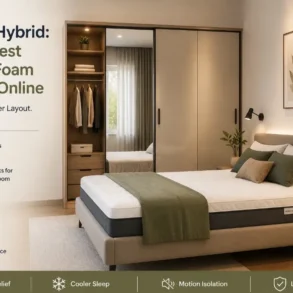 A memory foam mattress is displayed on a bed in a modern bedroom with a wardrobe and artwork.