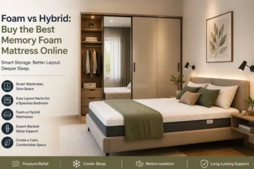 A memory foam mattress is displayed on a bed in a modern bedroom with a wardrobe and artwork.