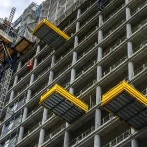 A high-rise concrete building under construction with yellow platforms extended from its sides and a construction lift on the left.
