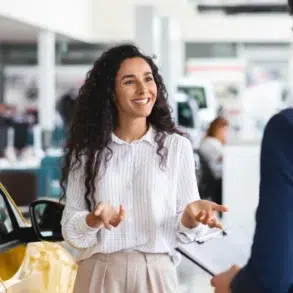 A woman stands next to a yellow car, smiling and talking to a man in a suit who is holding a clipboard inside a car dealership.