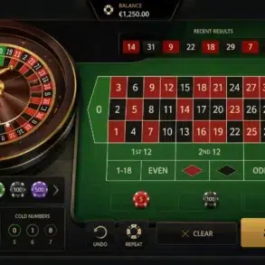 A digital roulette table with a spinning wheel, numbered layout, and betting chips. Recent results show numbers 14, 31, 9, 22, 18. The balance is €1,250, with "Spin" button highlighted.