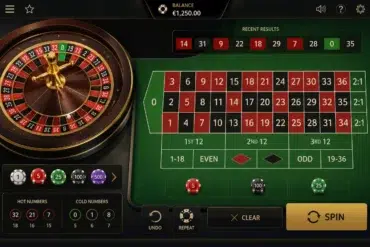 A digital roulette table with a spinning wheel, numbered layout, and betting chips. Recent results show numbers 14, 31, 9, 22, 18. The balance is €1,250, with "Spin" button highlighted.