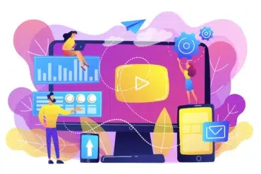 Bright illustration of two people interacting with large screens displaying graphs and play icons. A paper airplane flies above, symbolizing connectivity.