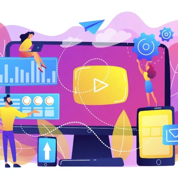 Bright illustration of two people interacting with large screens displaying graphs and play icons. A paper airplane flies above, symbolizing connectivity.