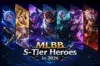 Group of seven vibrant fantasy characters from "MLBB" in dynamic poses, each highlighted in colorful panels. Text reads: "MLBB S-Tier Heroes in 2026."