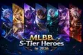 Group of seven vibrant fantasy characters from "MLBB" in dynamic poses, each highlighted in colorful panels. Text reads: "MLBB S-Tier Heroes in 2026."