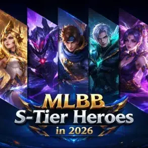 Group of seven vibrant fantasy characters from "MLBB" in dynamic poses, each highlighted in colorful panels. Text reads: "MLBB S-Tier Heroes in 2026."