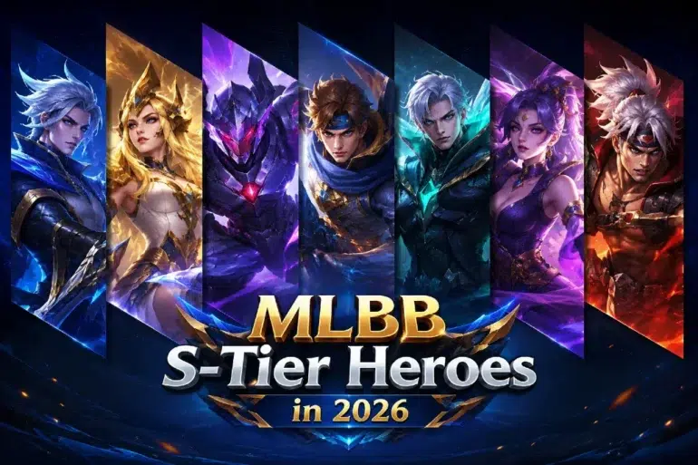 Group of seven vibrant fantasy characters from "MLBB" in dynamic poses, each highlighted in colorful panels. Text reads: "MLBB S-Tier Heroes in 2026."