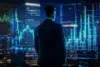 A man in a suit stands facing a large digital stock market chart glowing with blue and green lines, set against a cityscape at night, conveying focus and analysis.