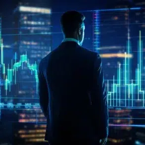 A man in a suit stands facing a large digital stock market chart glowing with blue and green lines, set against a cityscape at night, conveying focus and analysis.