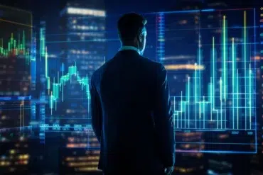 A man in a suit stands facing a large digital stock market chart glowing with blue and green lines, set against a cityscape at night, conveying focus and analysis.