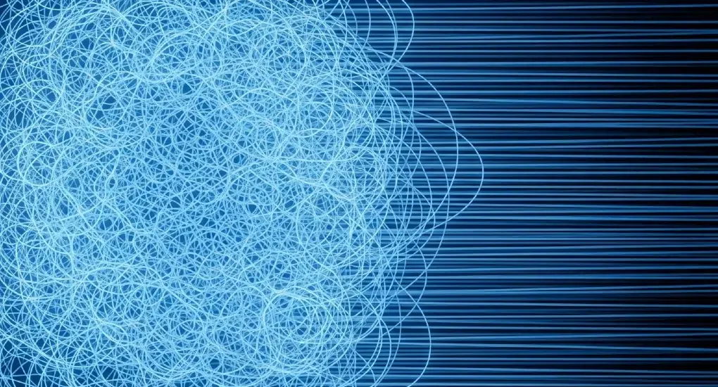 A dense cluster of tangled light blue lines forms a chaotic pattern on the left. On the right, straight blue lines run horizontally, creating a contrasting orderly texture.