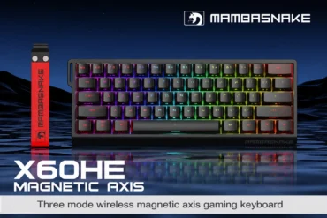 Mambasnake X60HE three mode wireless magnetic axis gaming keyboard with RGB lighting.