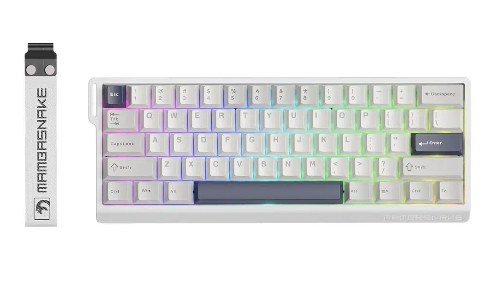 White mechanical keyboard with RGB backlighting and the "MAMBASNAKE" logo.