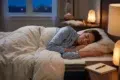 A woman sleeps peacefully in bed, wearing blue pajamas. The room is softly lit by a lamp and salt lamps. A book, tea, and diffuser are on the nightstand.