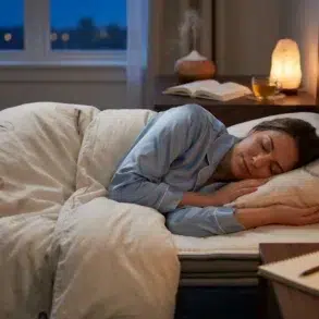 A woman sleeps peacefully in bed, wearing blue pajamas. The room is softly lit by a lamp and salt lamps. A book, tea, and diffuser are on the nightstand.
