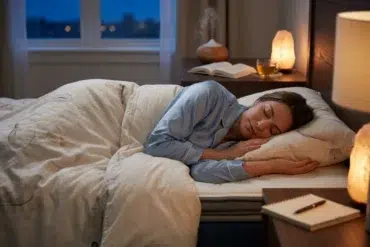 A woman sleeps peacefully in bed, wearing blue pajamas. The room is softly lit by a lamp and salt lamps. A book, tea, and diffuser are on the nightstand.