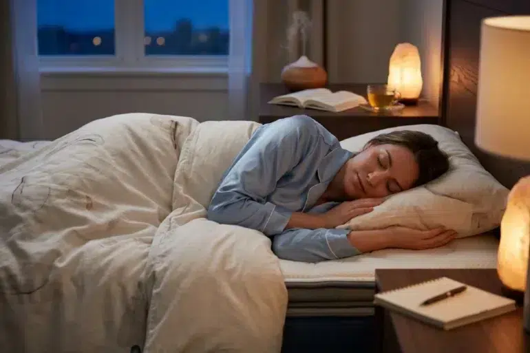 A woman sleeps peacefully in bed, wearing blue pajamas. The room is softly lit by a lamp and salt lamps. A book, tea, and diffuser are on the nightstand.
