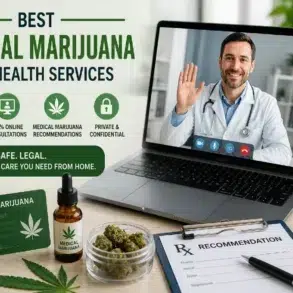 Advertisement for medical marijuana telehealth services featuring a doctor on a laptop screen, marijuana products, and a recommendation form.
