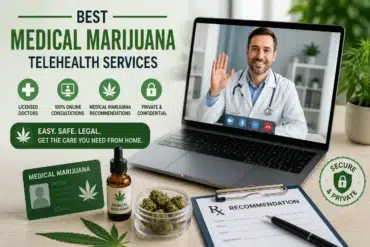 Advertisement for medical marijuana telehealth services featuring a doctor on a laptop screen, marijuana products, and a recommendation form.