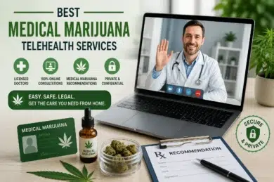 Advertisement for medical marijuana telehealth services featuring a doctor on a laptop screen, marijuana products, and a recommendation form.