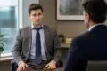 A man in a suit looks concerned while sitting across from another person in an office. The setting includes a window, plants, and framed art, suggesting a professional environment.