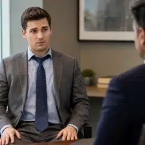 A man in a suit looks concerned while sitting across from another person in an office. The setting includes a window, plants, and framed art, suggesting a professional environment.