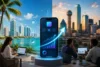 A split cityscape blends with a giant smartphone displaying growth charts. Two teams work on laptops, conveying a theme of business and technology.