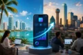 A split cityscape blends with a giant smartphone displaying growth charts. Two teams work on laptops, conveying a theme of business and technology.