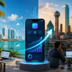 A split cityscape blends with a giant smartphone displaying growth charts. Two teams work on laptops, conveying a theme of business and technology.